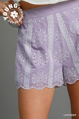 Floral Embroidered Pull On Shorts
