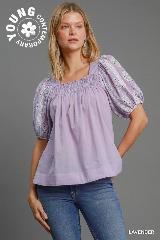 Puffed Eyelet Sleeved Square Neck Top