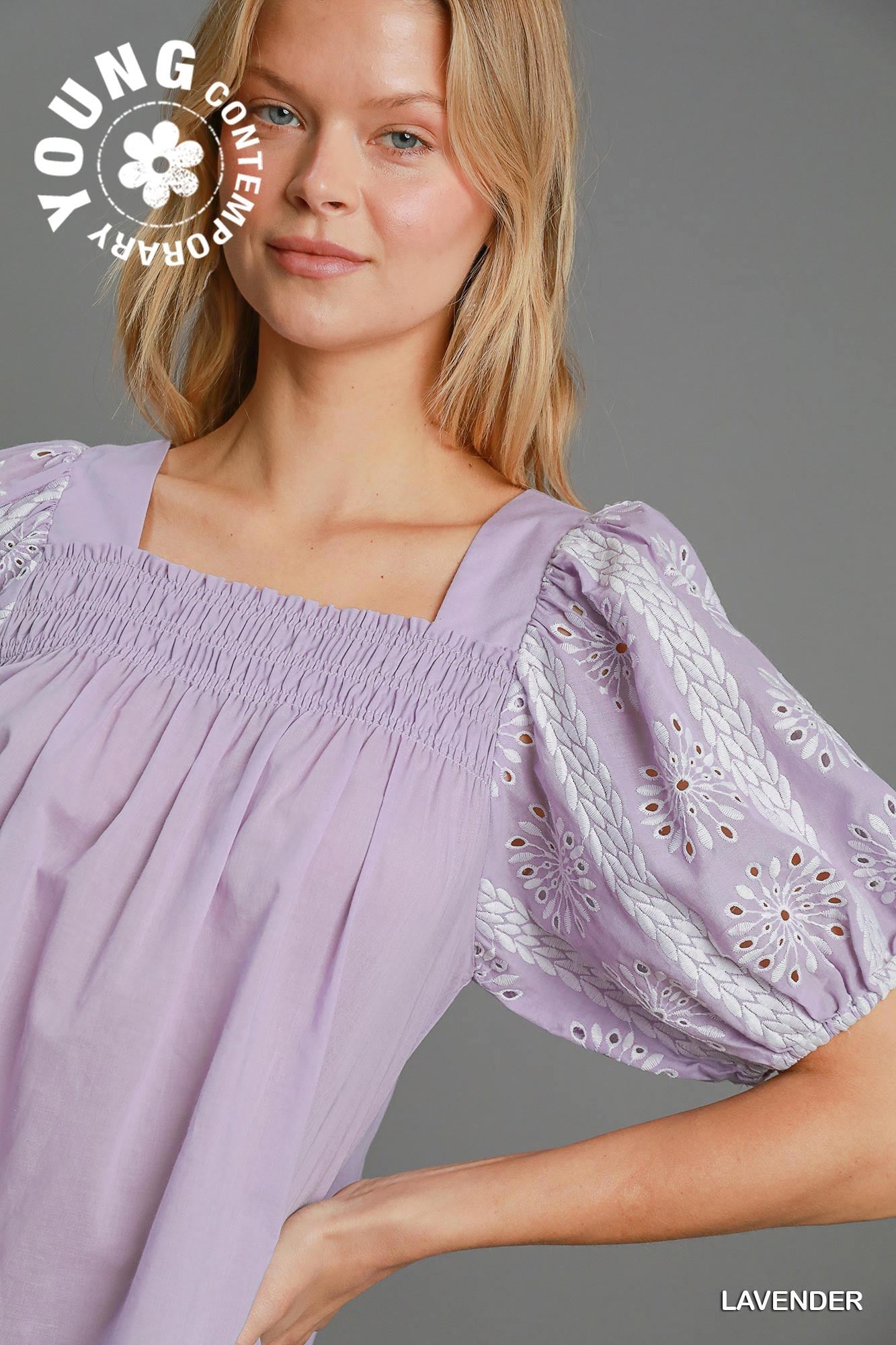 Puffed Eyelet Sleeved Square Neck Top