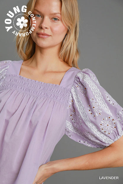 Puffed Eyelet Sleeved Square Neck Top