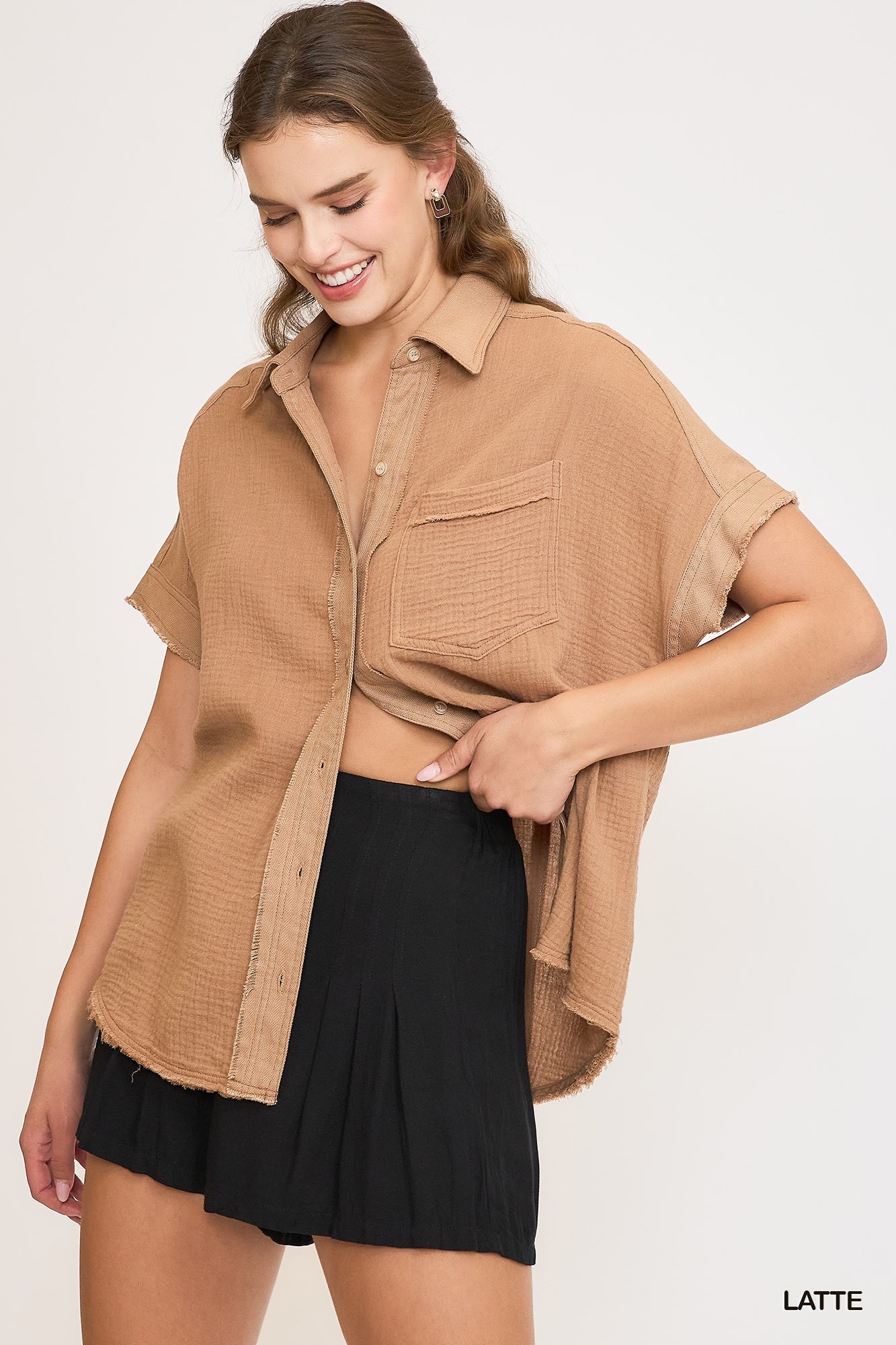 Washed Cotton Gauze Button Down Top