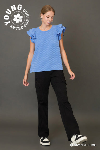Textured Jacquard Top with Short Ruffled Sleeves