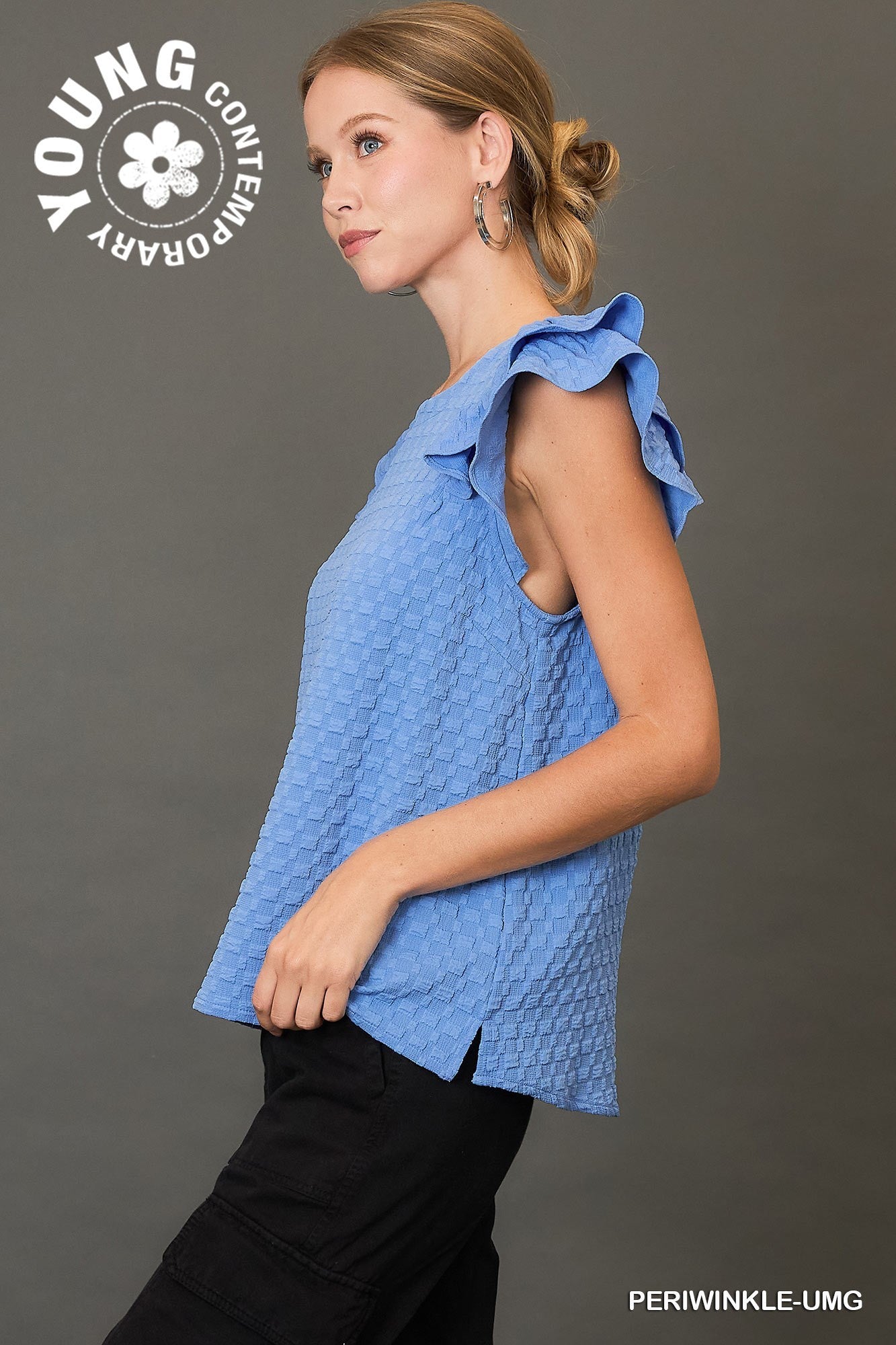 Textured Jacquard Top with Short Ruffled Sleeves