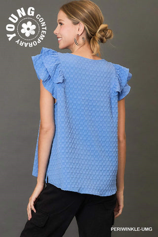 Textured Jacquard Top with Short Ruffled Sleeves