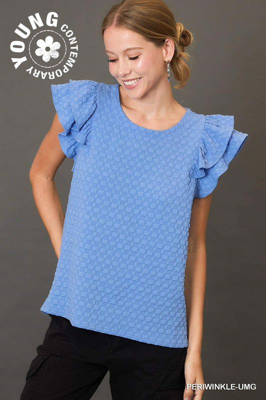 Textured Jacquard Top with Short Ruffled Sleeves