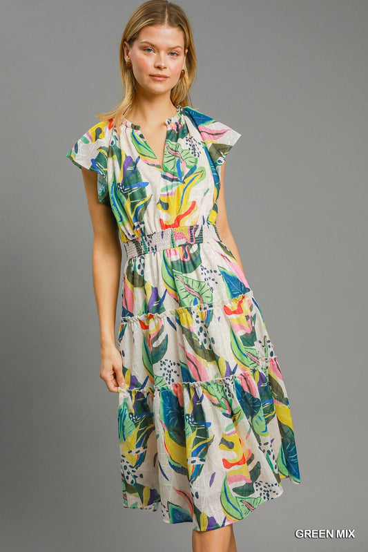 Tropical Ruffle Tiered Midi Dress