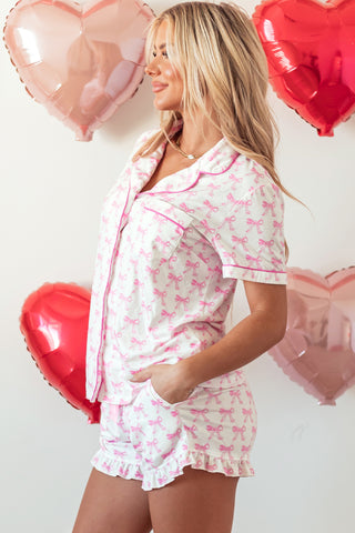 Pink Bow Printed Short Sleeve & Ruffled Shorts Pajama Set