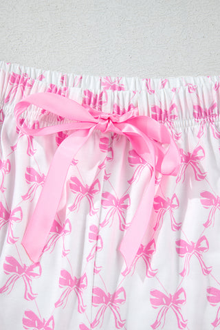 Pink Bow Printed Short Sleeve & Ruffled Shorts Pajama Set