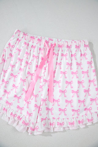 Pink Bow Printed Short Sleeve & Ruffled Shorts Pajama Set