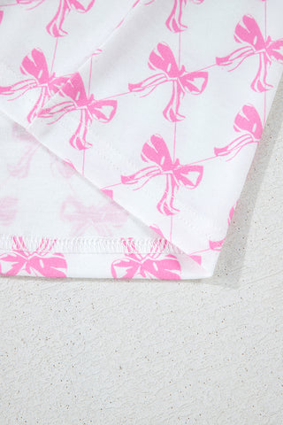 Pink Bow Printed Short Sleeve & Ruffled Shorts Pajama Set