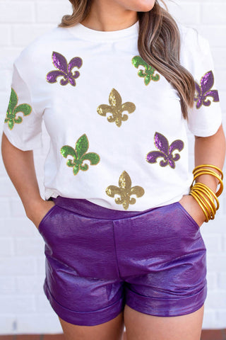 White Mardi Gras Fleur De Lis Sequin Graphic Tee
