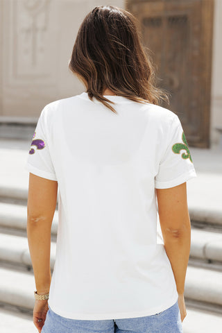 White Mardi Gras Fleur De Lis Sequin Graphic Tee