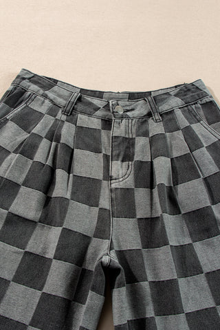 Dark Grey Checkered Denim Wide Leg Jeans