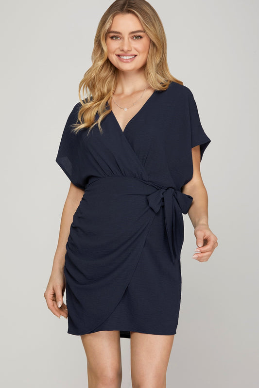 DOLMAN SLEEVE SURPLICE WOVEN V NECK DRESS WITH SIDE TIE