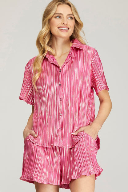 Metallic Pink Button Down Shorts