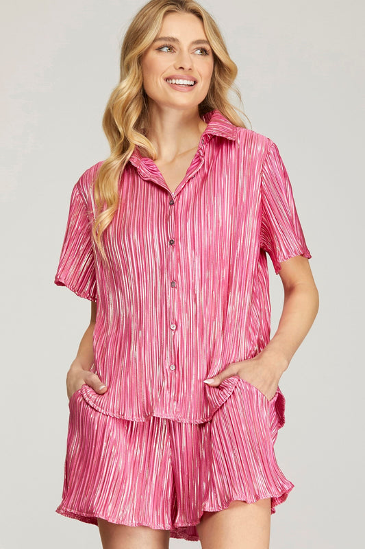 Metallic Pink Button Down Shorts