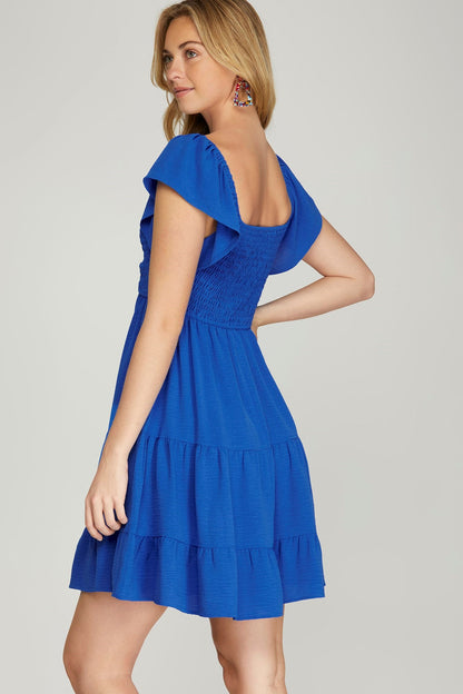 FLUTTER SLEEVE SMOCK TIERED SWEETHEART NECK WOVEN DRESS WITH SIDE POCKETS