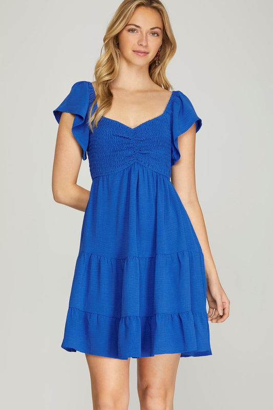 FLUTTER SLEEVE SMOCK TIERED SWEETHEART NECK WOVEN DRESS WITH SIDE POCKETS