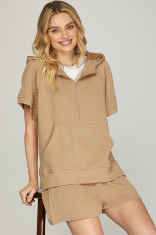 SHORT SLEEVE TEXTURED HALF ZIP HOODIE TOP