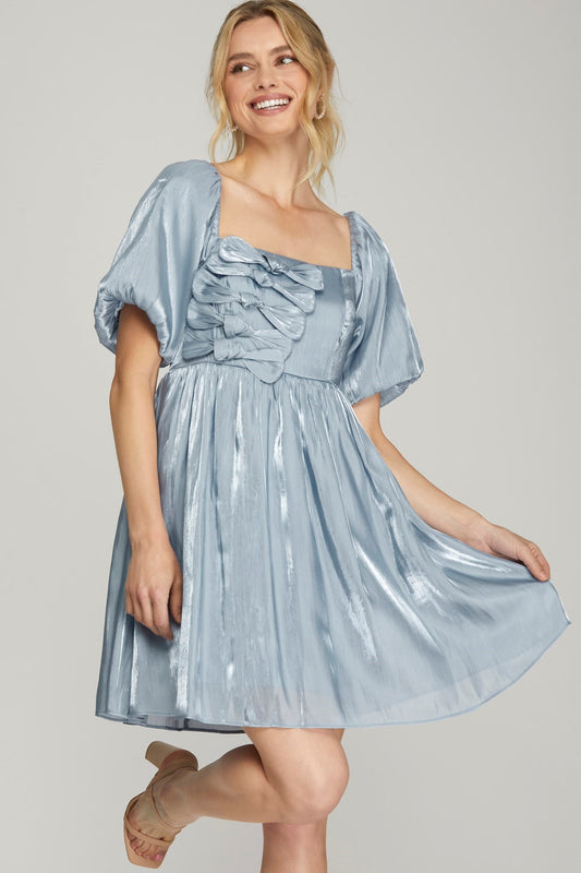 BUBBLE SLEEVE SHINY WOVEN DRESS WITH FRONT BOW TIE DETAIL