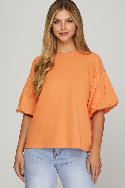 SHORT SLEEVE PEARL HEAVY KNIT TOP