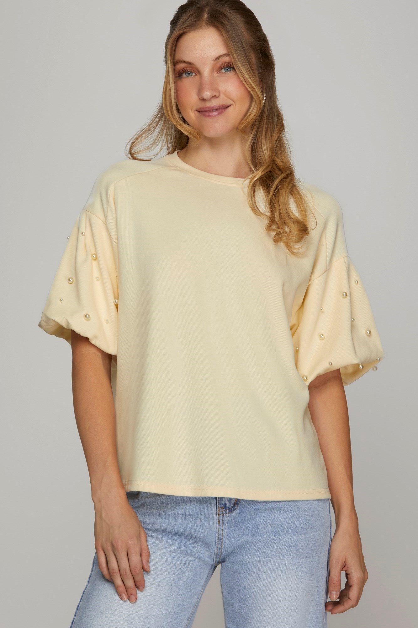 SHORT SLEEVE PEARL HEAVY KNIT TOP