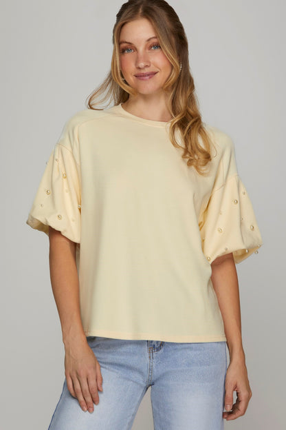 SHORT SLEEVE PEARL HEAVY KNIT TOP