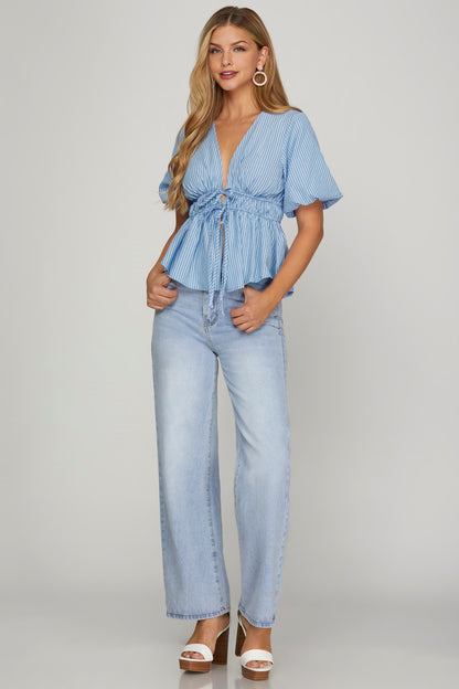 PUFF SHORT SLEEVE WOVEN STRIPED TOP WITH TIES