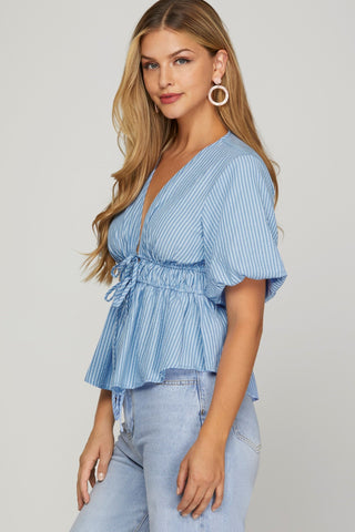 PUFF SHORT SLEEVE WOVEN STRIPED TOP WITH TIES