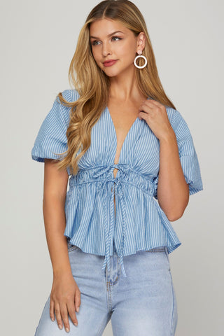 PUFF SHORT SLEEVE WOVEN STRIPED TOP WITH TIES