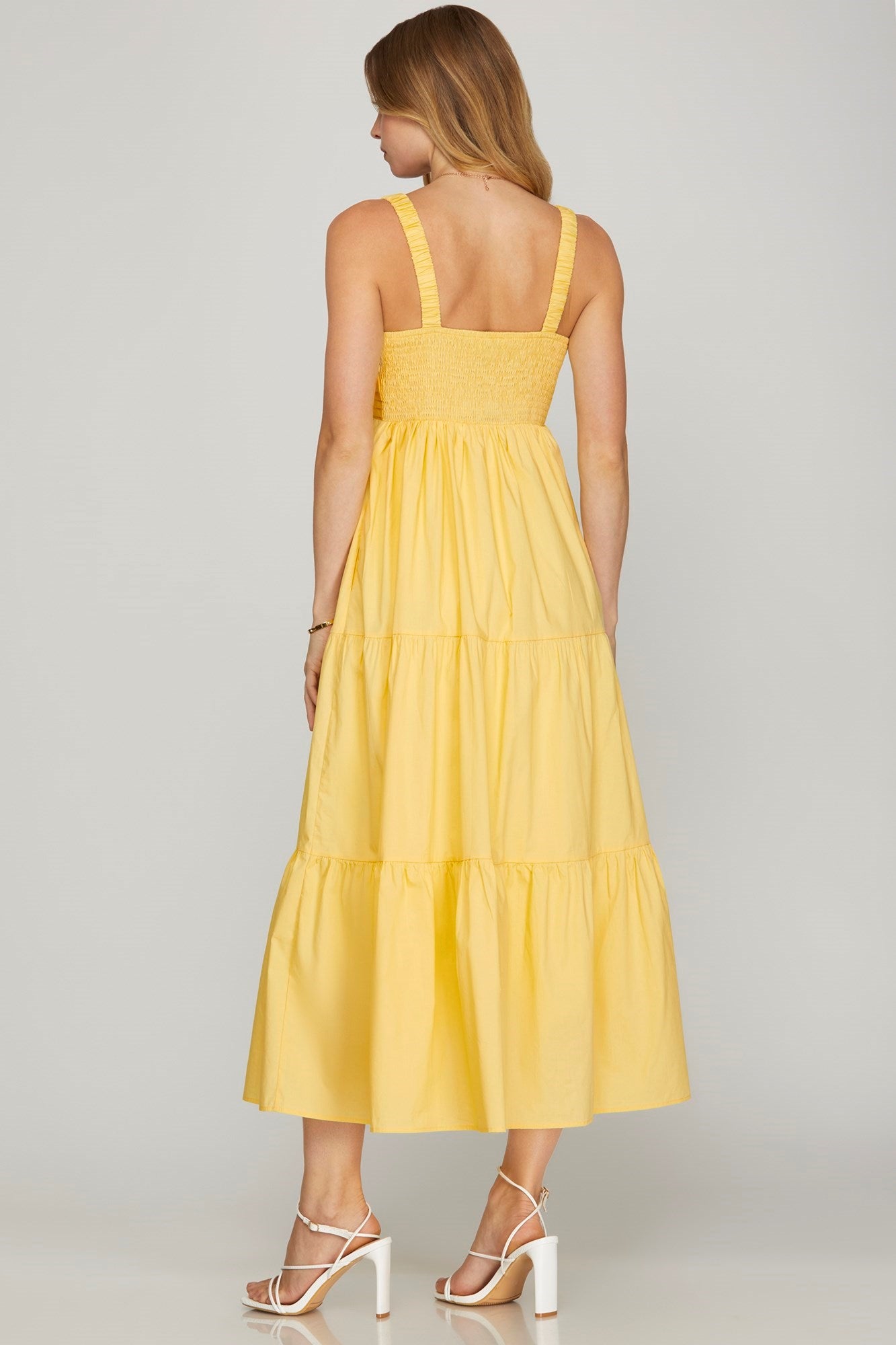 SLEEVELESS V NECK POPLIN WOVEN TIERED MAXI DRESS WITH PINTUCK DETAIL AND POCKETS