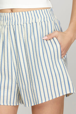 WAISTED ELASTIC STRIPED WOVEN SHORTS WITH POCKETS