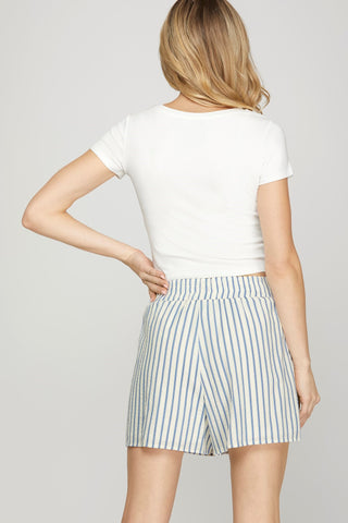 WAISTED ELASTIC STRIPED WOVEN SHORTS WITH POCKETS