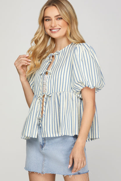 PUFF SLEEVE BOW FRONT TIE STRIPED WOVEN PEPLUM TOP