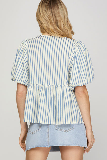 PUFF SLEEVE BOW FRONT TIE STRIPED WOVEN PEPLUM TOP