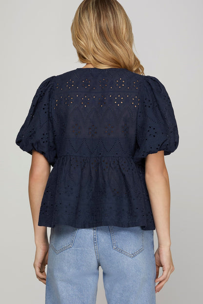 PUFF SLEEVE BOW FRONT TIE EYELET PEPLUM TOP