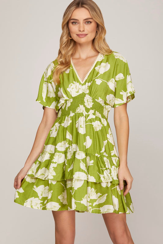 DROP SHOULDER SHORT SLEEVE WOVEN PRINT WAIST SMOCKING TIERED DRESS WITH POCKETS