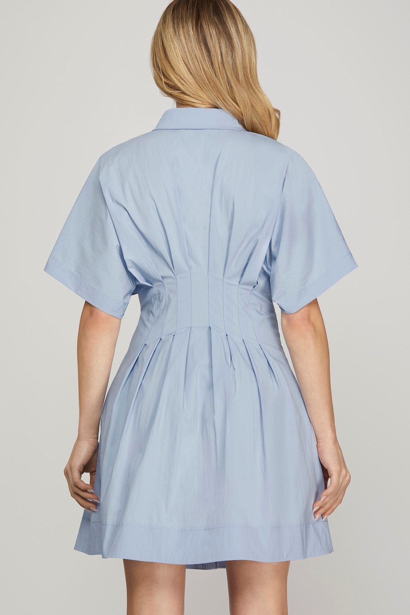 DROP SHOULDER SLEEVE STRETCHED WOVEN BUTTON DOWN PLEATED SHIRT MINI DRESS WITH POCKETS