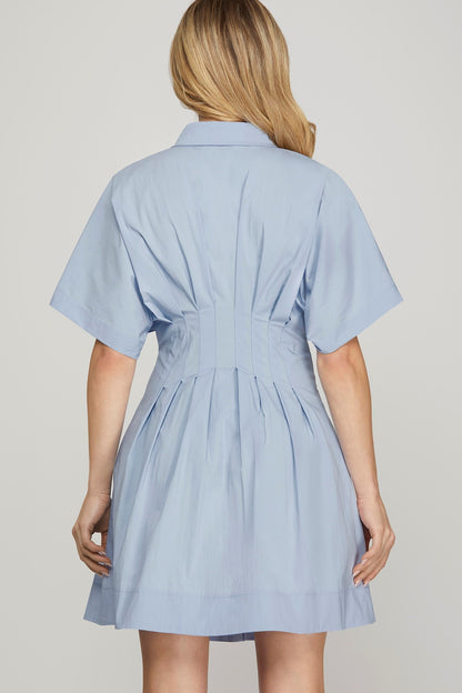 DROP SHOULDER SLEEVE STRETCHED WOVEN BUTTON DOWN PLEATED SHIRT MINI DRESS WITH POCKETS