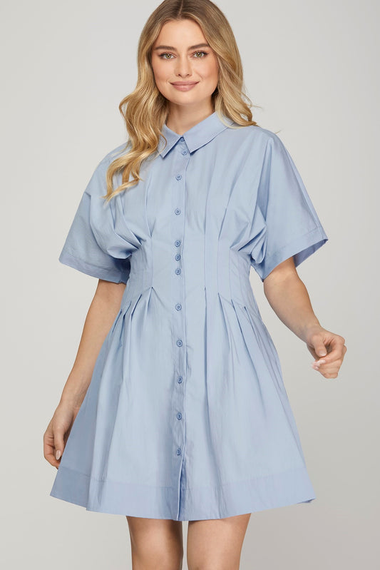 DROP SHOULDER SLEEVE STRETCHED WOVEN BUTTON DOWN PLEATED SHIRT MINI DRESS WITH POCKETS