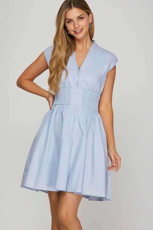 DROP SHOULDER SMOCKED WAIST FRONT ZIP MINI DRESS WITH POCKETS