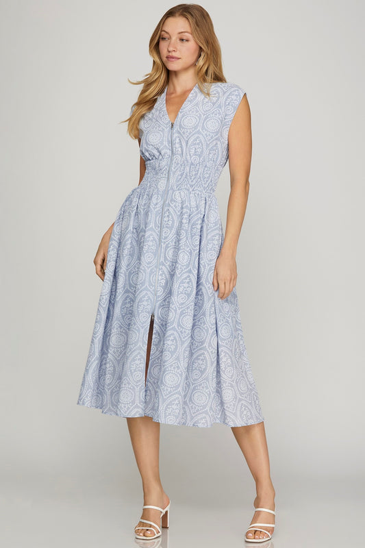 DROP SHOULDER SMOCKED WAIST FRONT ZIP EYELET PRINTED MIDI DRESS WITH POCKETS