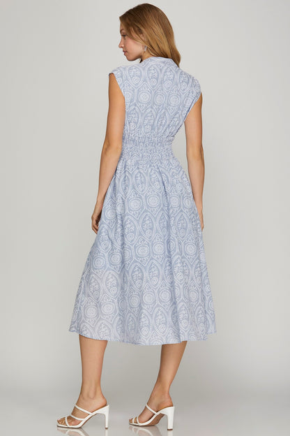DROP SHOULDER SMOCKED WAIST FRONT ZIP EYELET PRINTED MIDI DRESS WITH POCKETS