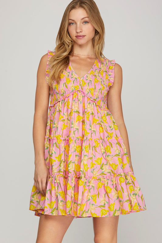 RUFFLED SLEEVE FLORAL SMOCKED TIERED DRESS