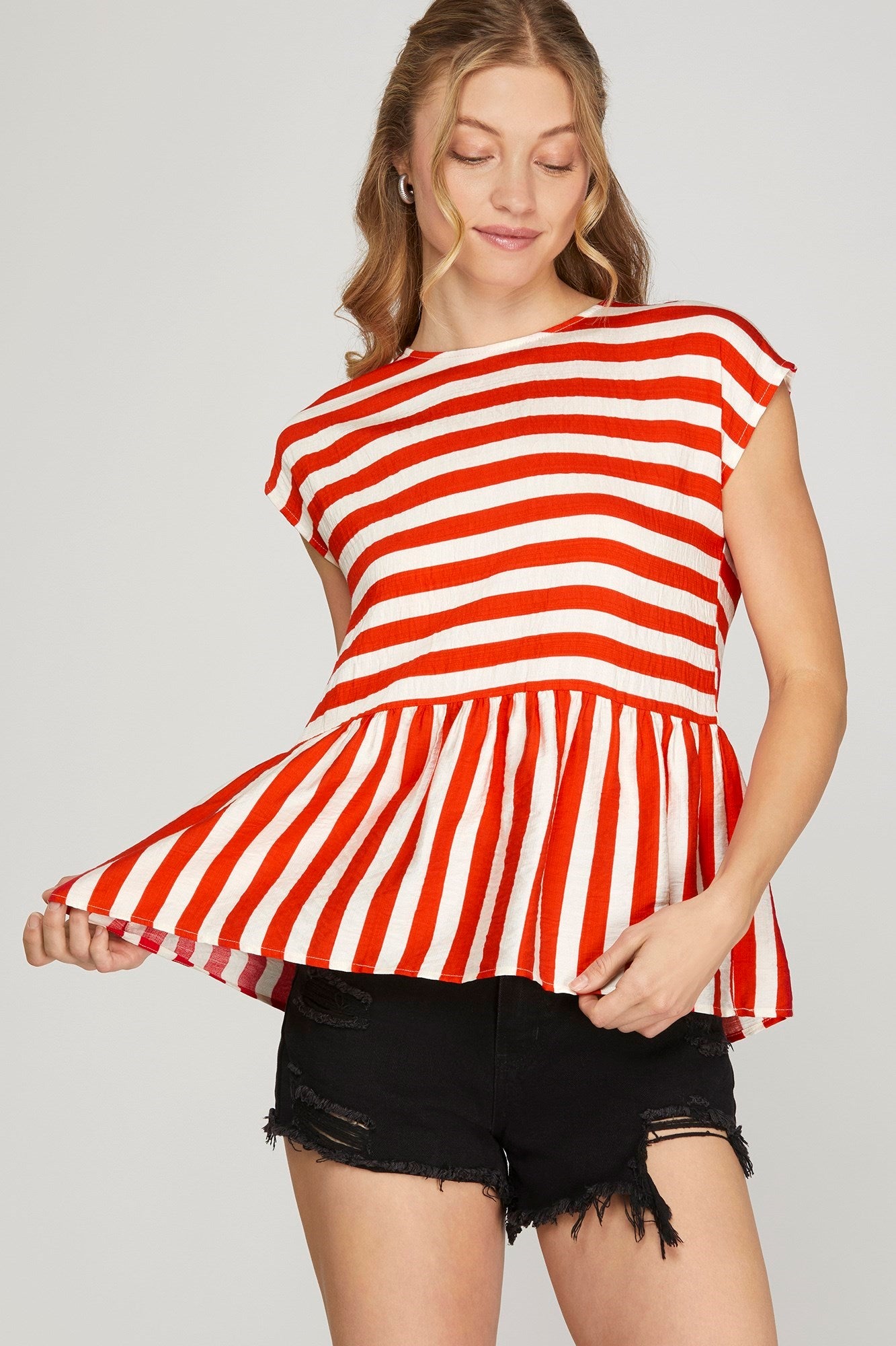 DROP SHOULDER WOVEN STRIPED TOP