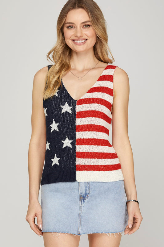 SLEEVELESS AMERICAN FLAG PATTERN SWEATER TOP