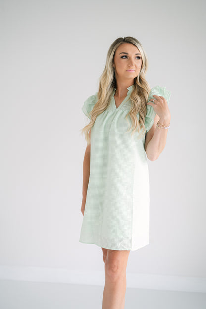 Layered Ruffle Sleeve Split Neck Dress with Ruffle Hem Neckline