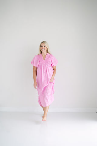 Textured short puff sleeve faux button up v-neck collared midi dress