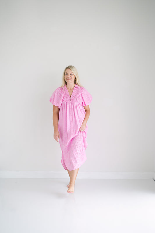 Textured short puff sleeve faux button up v-neck collared midi dress