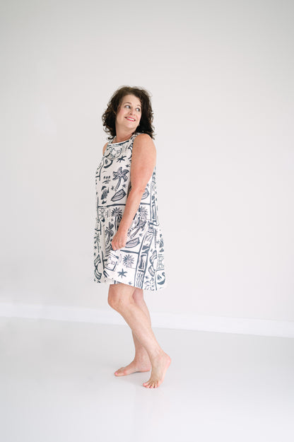 Resort pattern square neck sleeveless pullover mini dress